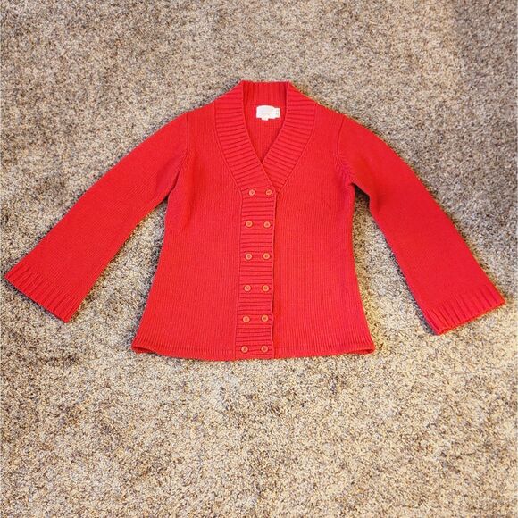 Sears Sweaters - Vtg 60s 70s Sears Red Double Breasted Grandmacore Mod Knit Sweater Bell Sleeve S